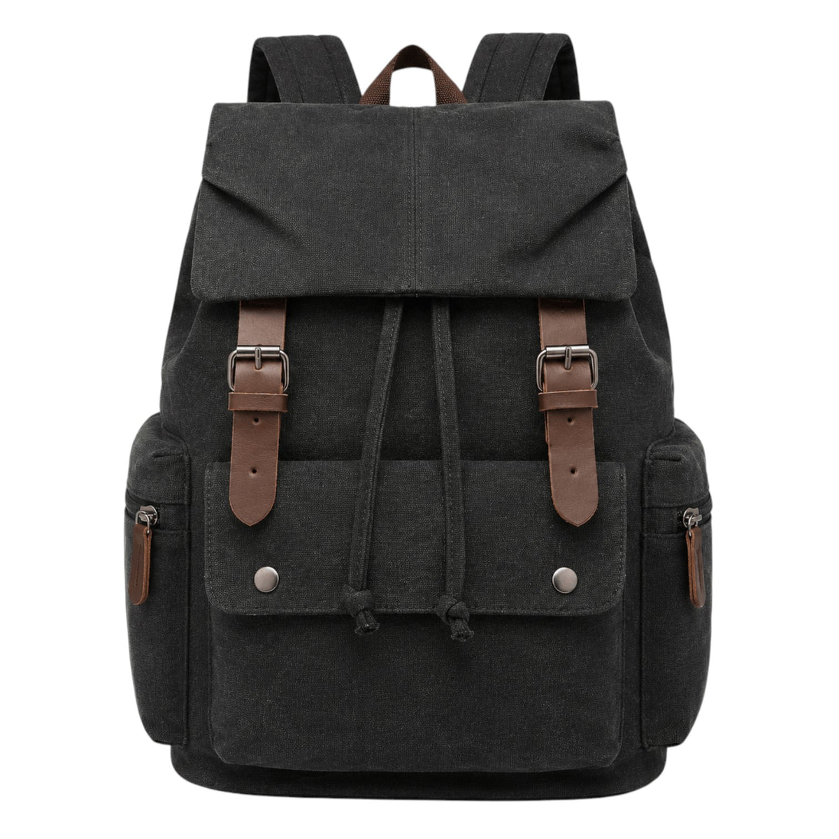 Sac à dos vintage Univers Sac en toile noire avec détails en cuir synthétique marron et fermetures à boucles