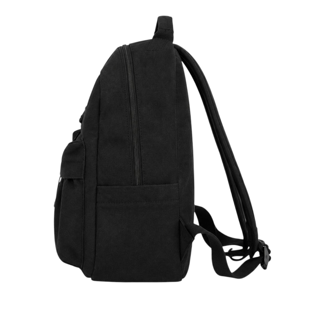 Sac à dos Univers Sac en toile noire, style décontracté avec fermeture éclair et bretelles réglables, vue latérale.