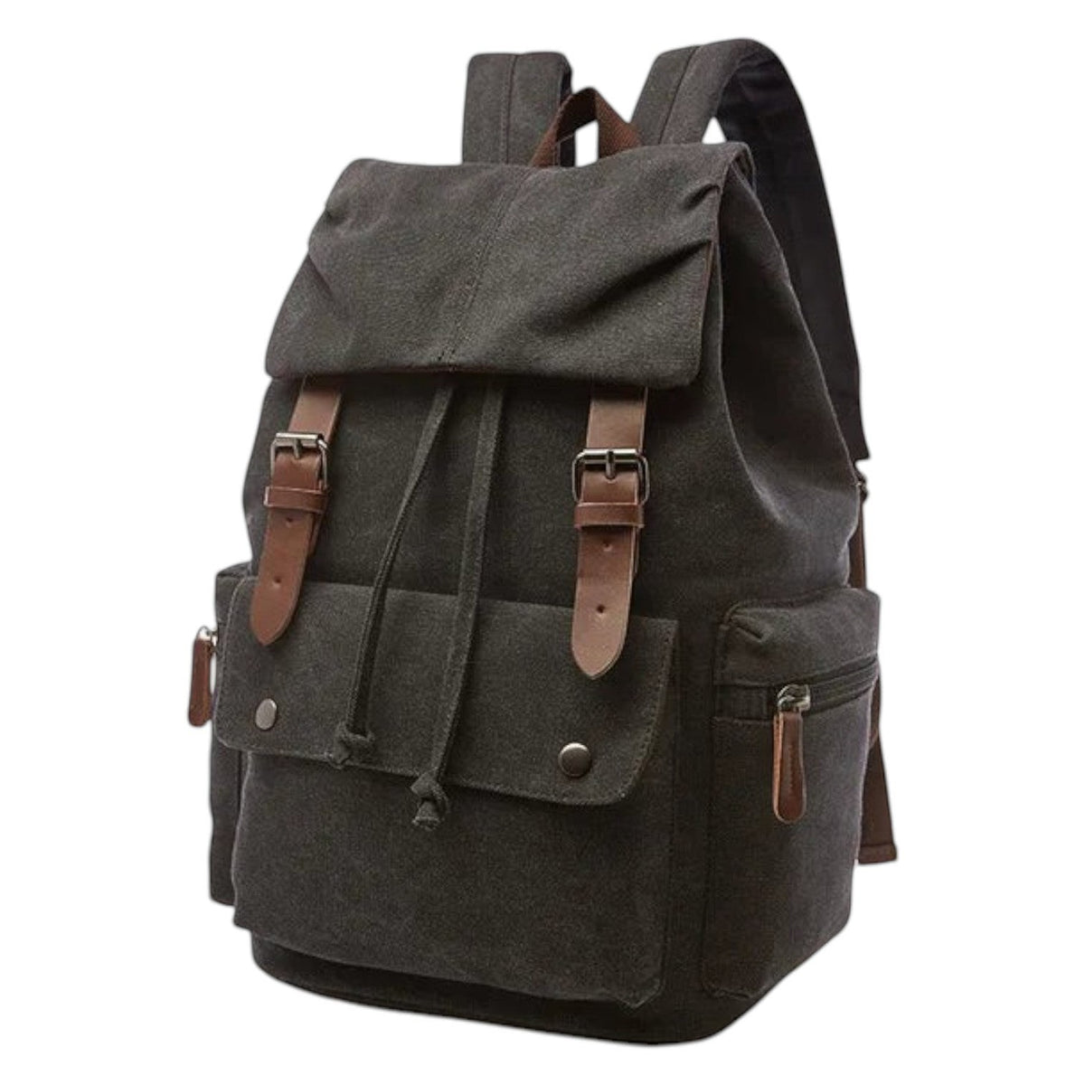 Sac à dos vintage Univers Sac en toile grise avec détails en cuir synthétique, idéal pour les cours ou les voyages.