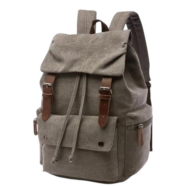 Sac à dos vintage Univers Sac en toile grise avec détails en cuir synthétique, poches à rabat et fermeture à cordon.
