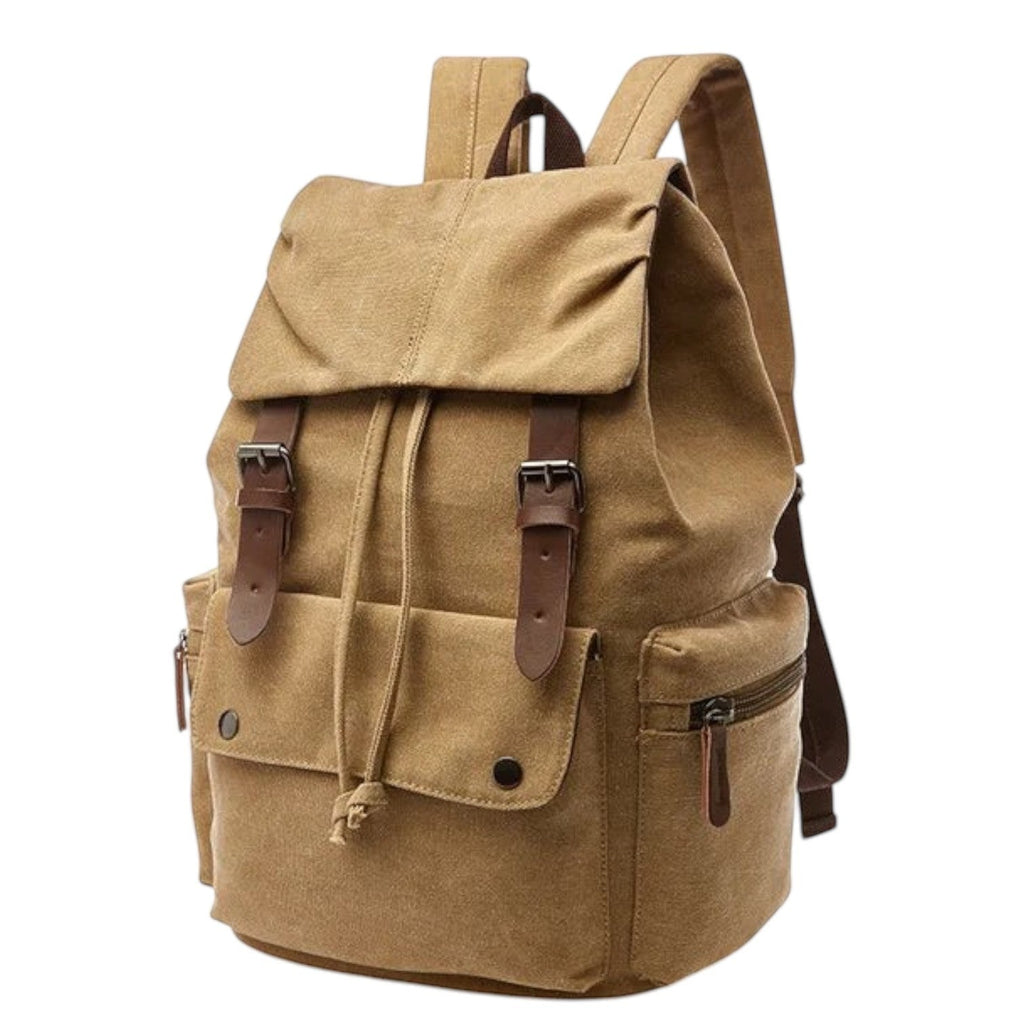 Sac à dos vintage Univers Sac en toile marron avec détails en cuir synthétique, idéal pour les cours ou les voyages.