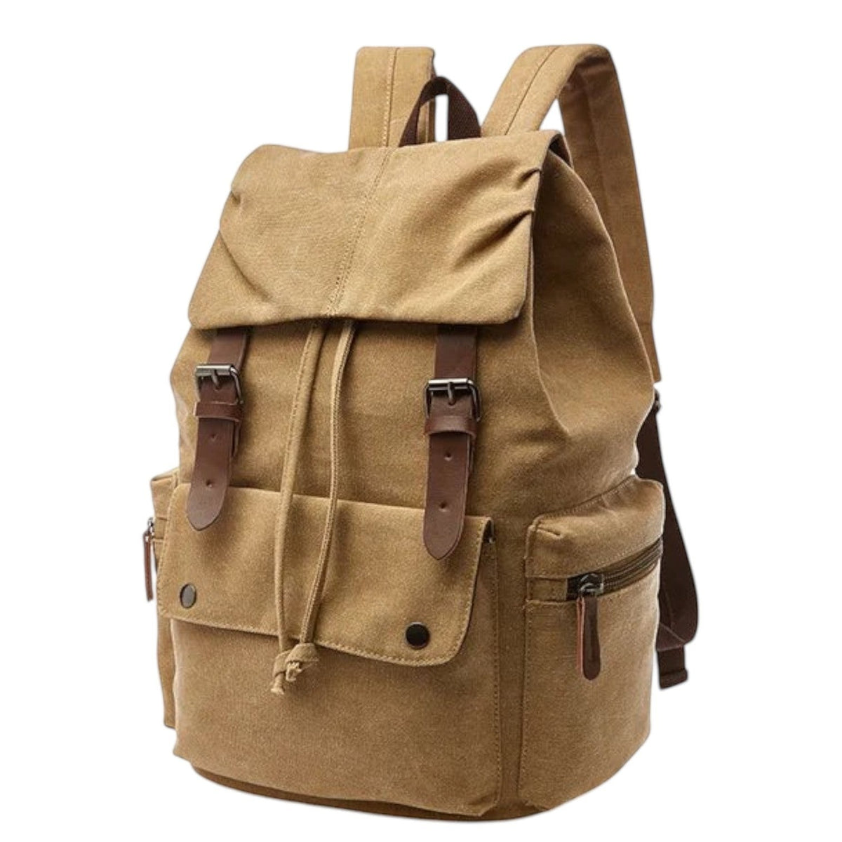 Sac à dos vintage Univers Sac en toile marron avec détails en cuir synthétique, idéal pour les cours ou les voyages.