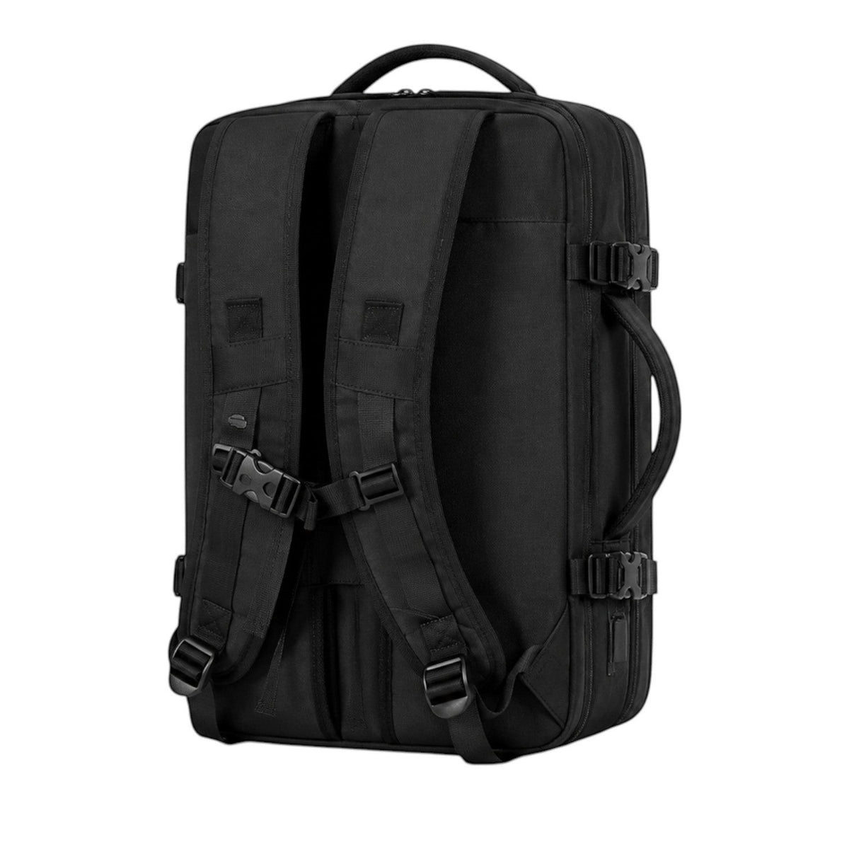 Sac à dos de voyage noir Univers Sac, résistant à l'eau, avec bretelles ajustables et sangles de compression latérales.