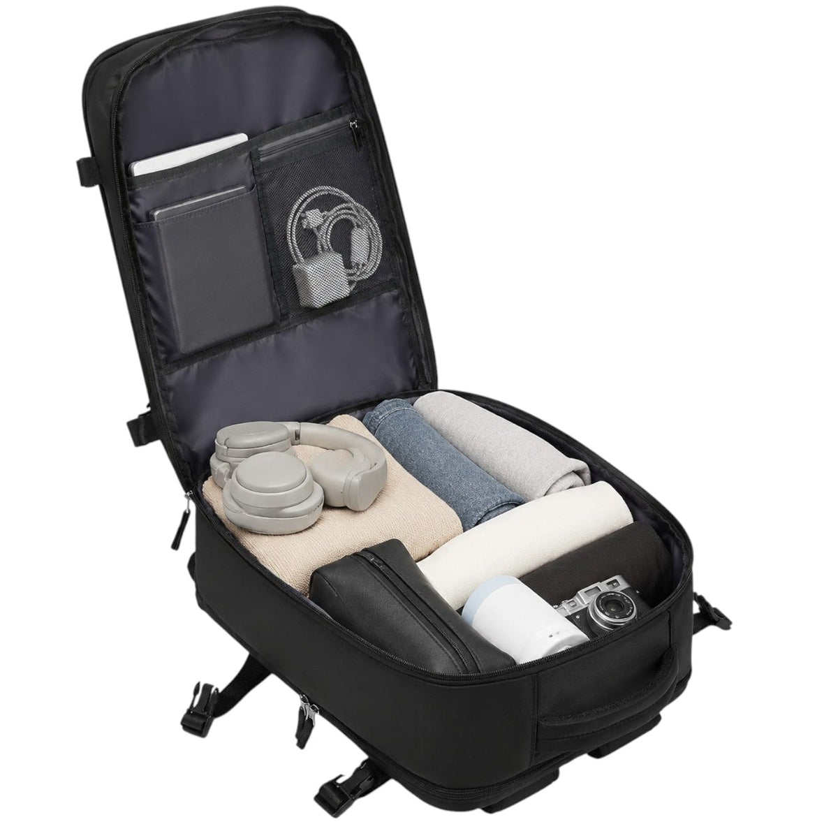 Sac à dos de voyage Univers Sac noir avec compartiments organisés pour vêtements, casque et accessoires électroniques