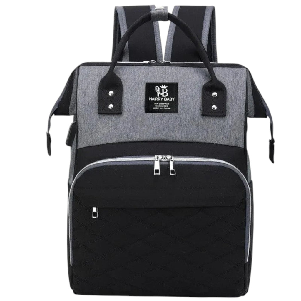 Sac à langer Univers Sac gris et noir en tissu Oxford, grand sac à dos pratique pour maman avec multiples poches.