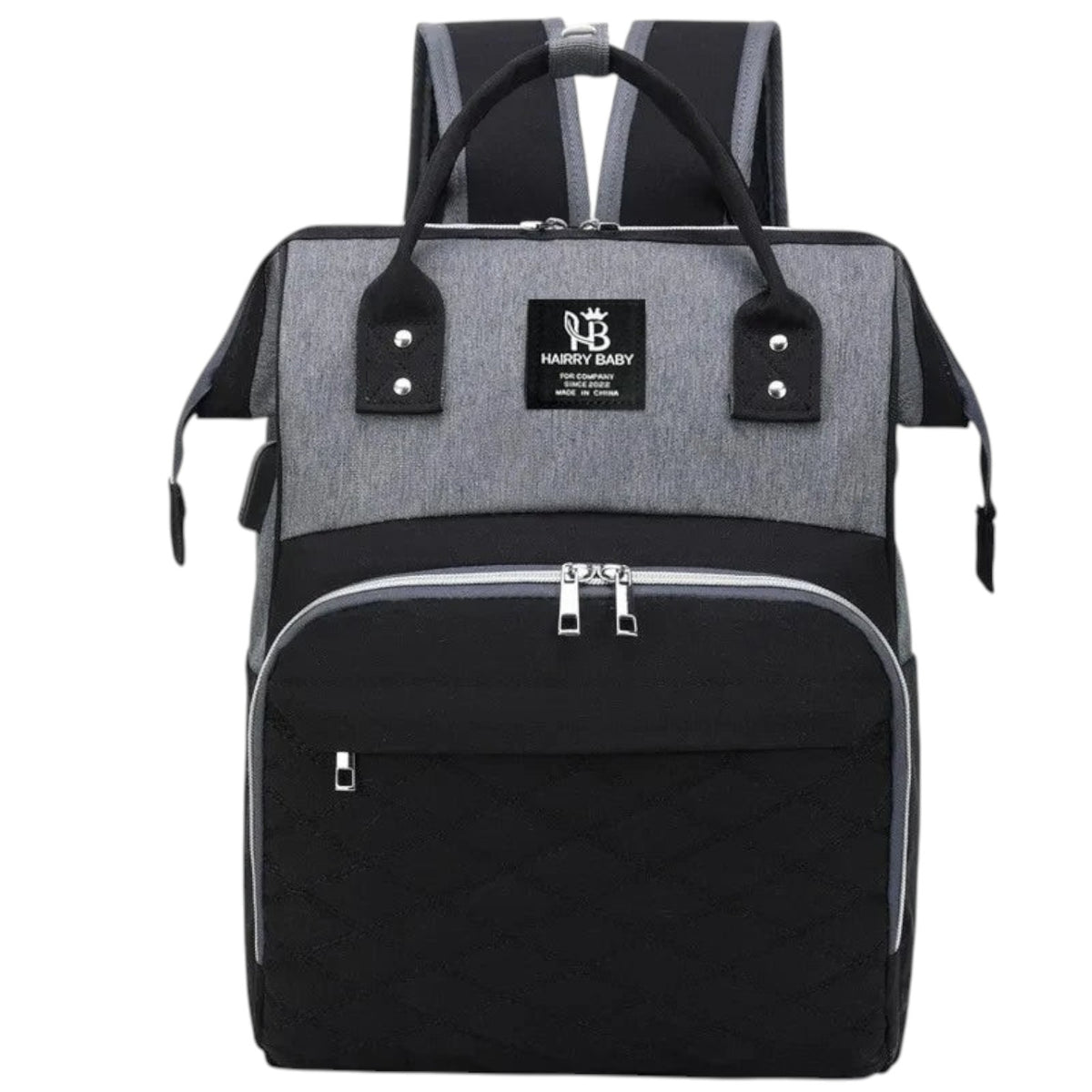 Sac à langer Univers Sac gris et noir en tissu Oxford, grand sac à dos pratique pour maman avec multiples poches.