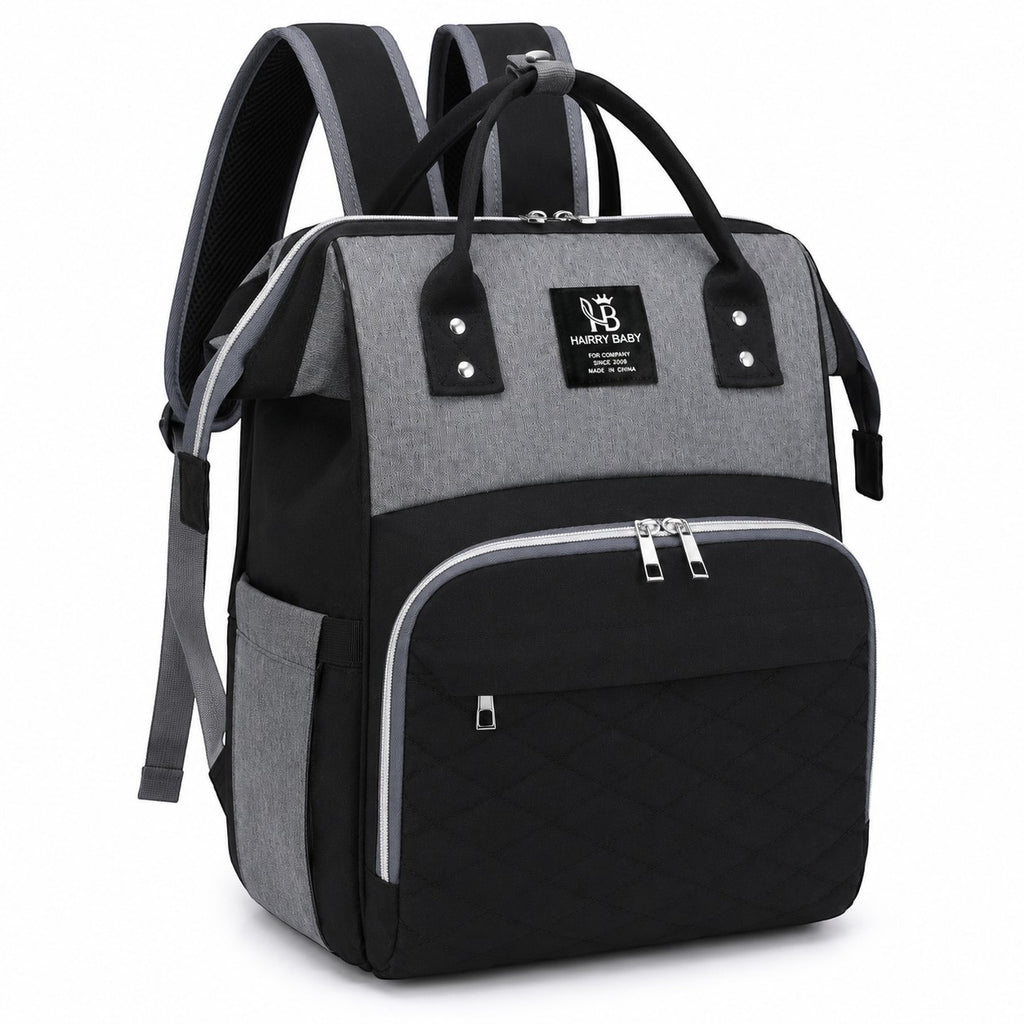 Sac à langer Univers Sac gris et noir en tissu Oxford, grand sac à dos pratique avec fermeture éclair et poches.