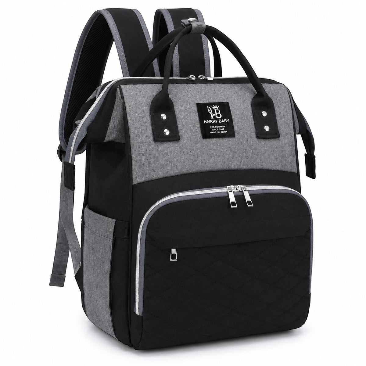 Sac à langer Univers Sac gris et noir en tissu Oxford, grand sac à dos pratique avec fermeture éclair et poches.