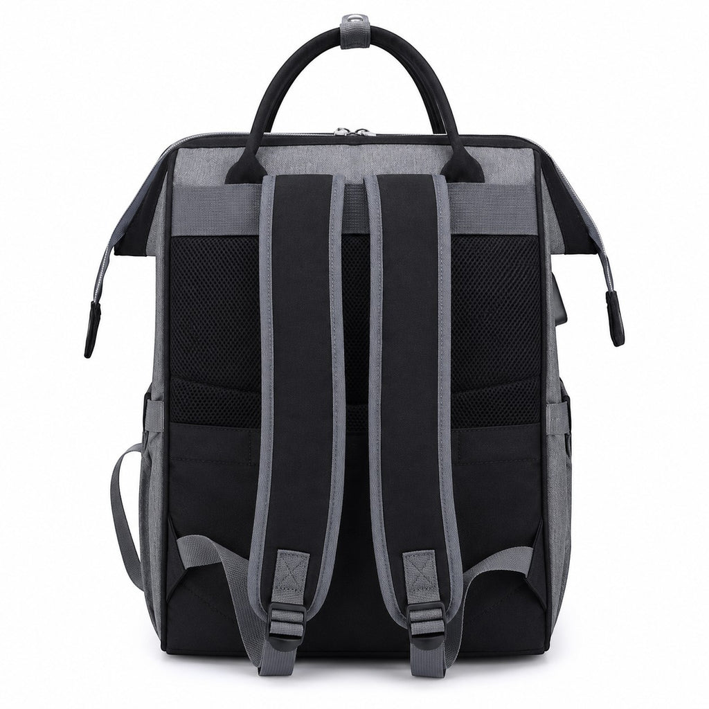 Sac à langer Univers Sac gris et noir en tissu Oxford, grand format avec bretelles rembourrées et poignées de transport.