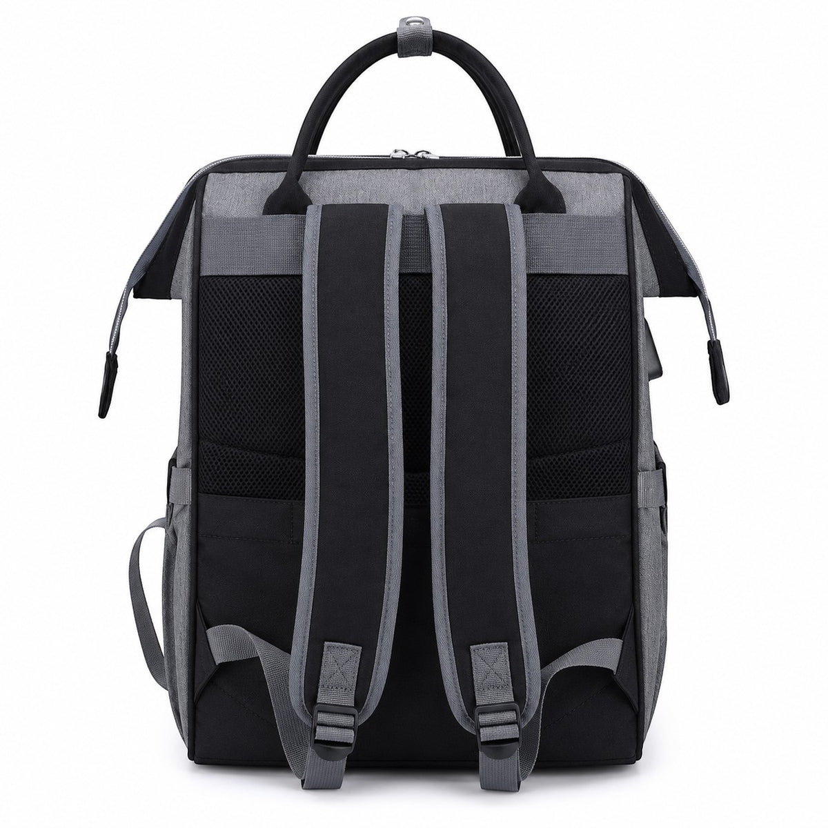 Sac à langer Univers Sac gris et noir en tissu Oxford, grand format avec bretelles rembourrées et poignées de transport.
