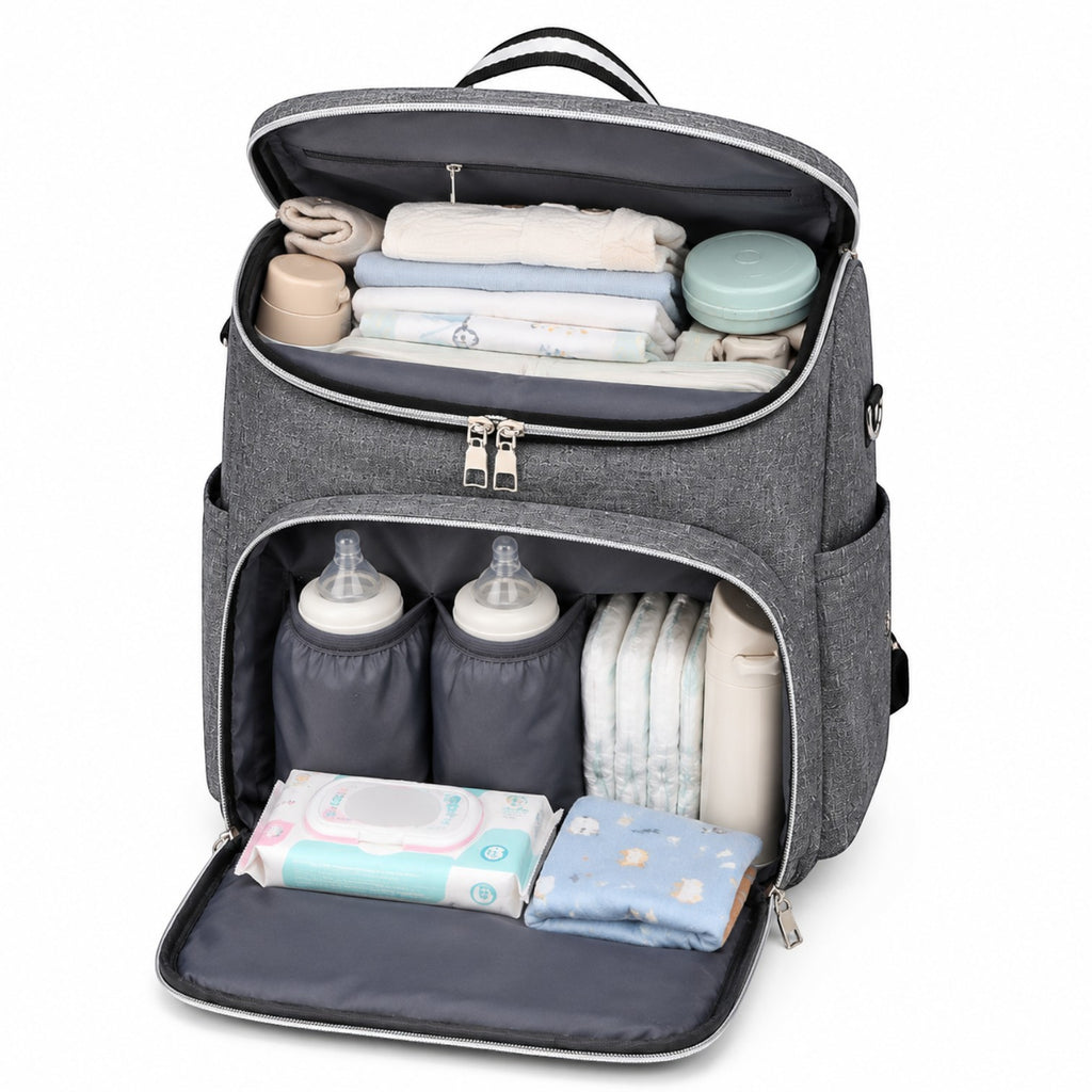 Sac à langer Univers Sac gris multifonction avec compartiments organisés pour biberons, couches et accessoires bébé