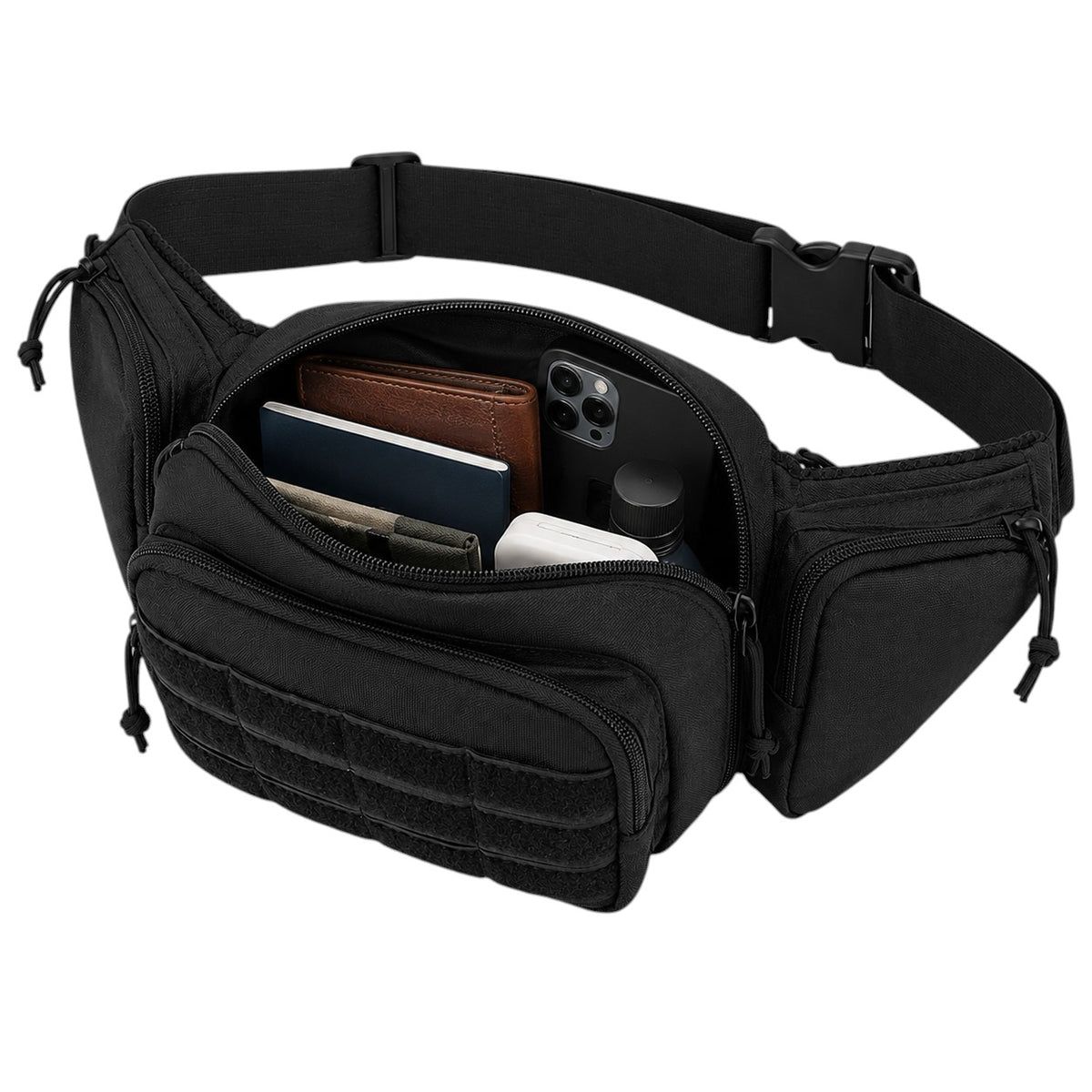 Sac banane tactique noir Univers Sac en nylon avec multiples compartiments zippés pour randonnée et moto