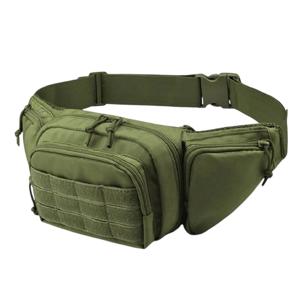 Sac banane tactique Univers Sac en nylon vert olive avec multiples poches pour randonnée, moto et activités outdoor