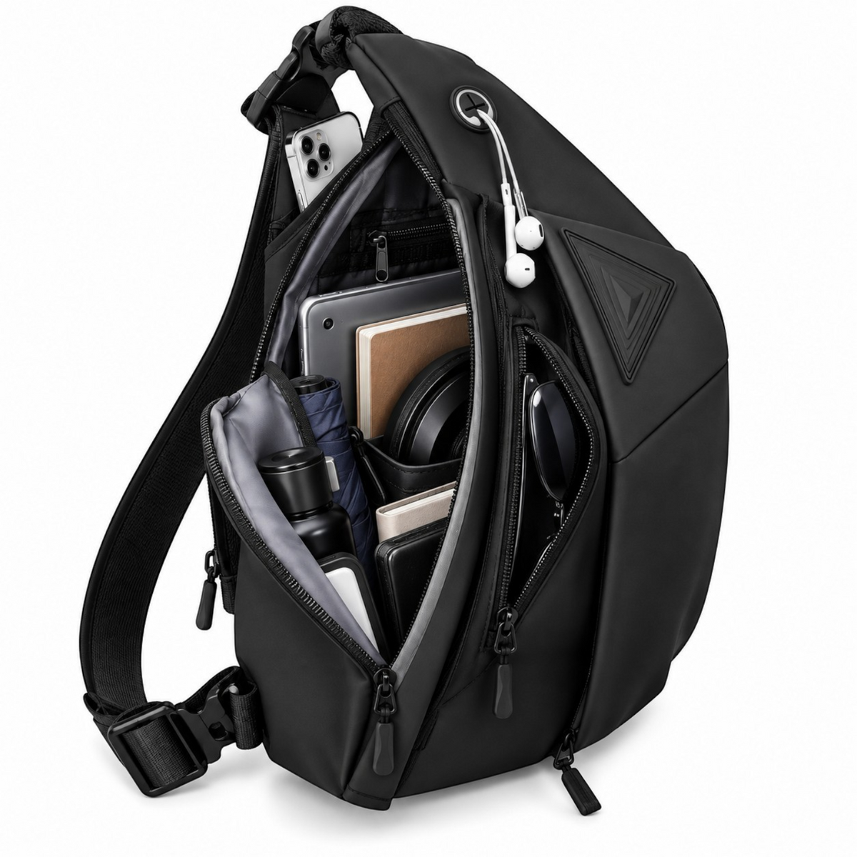 Sac bandoulière antivol noir Univers Sac en nylon avec multiples compartiments zippés pour tablette et accessoires