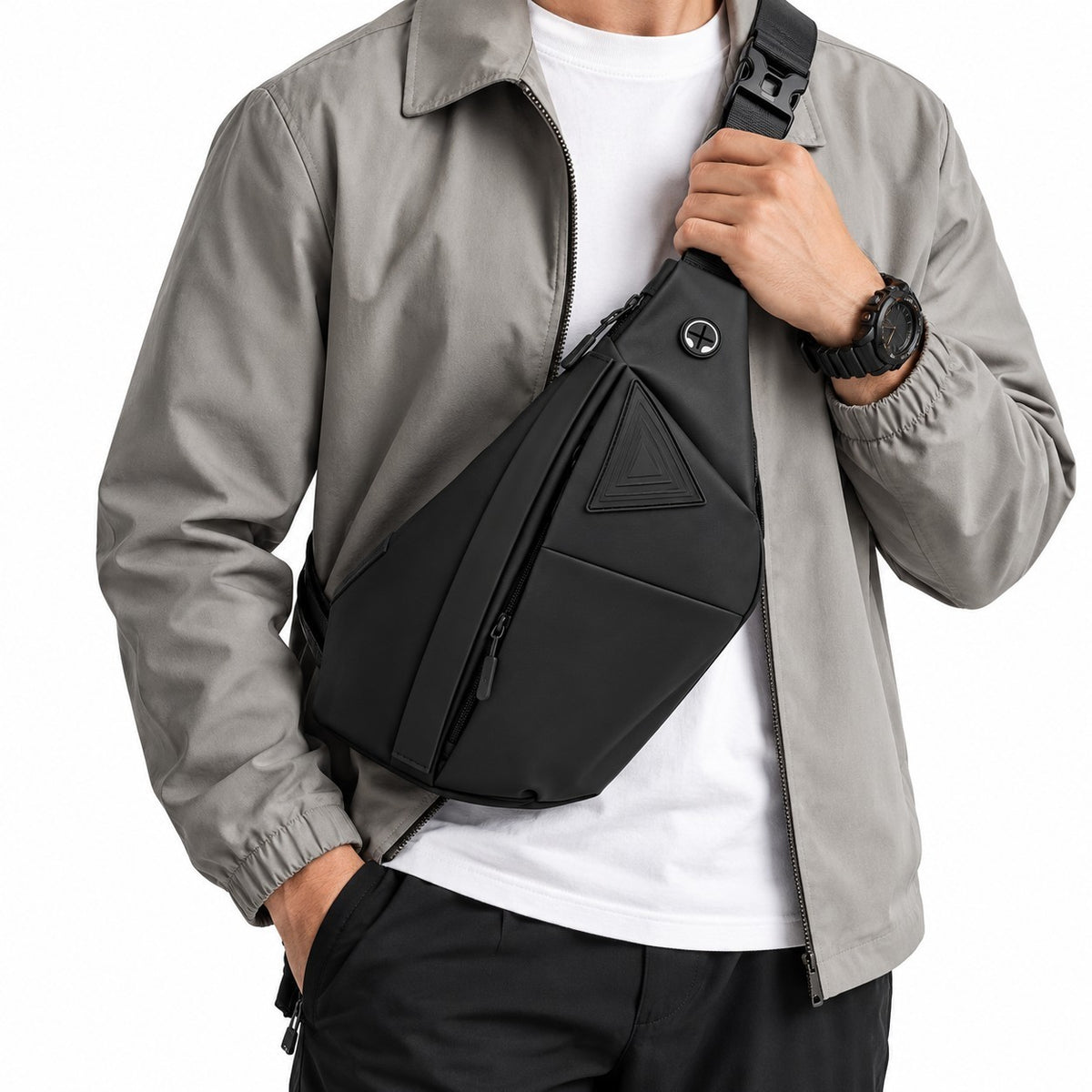 Sac bandoulière antivol noir Univers Sac pour homme en nylon avec fermeture éclair, porté en bandoulière sur une veste