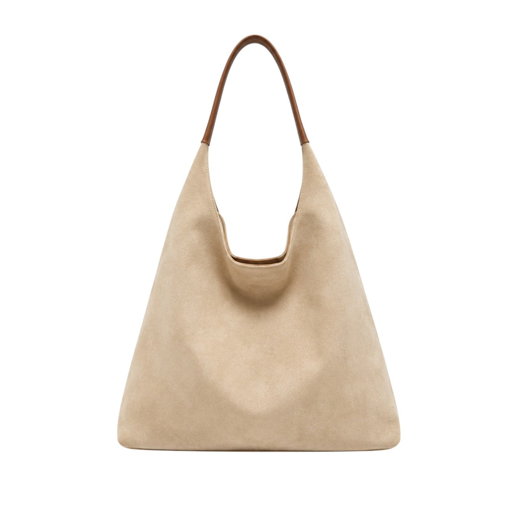 Sac bandoulière beige en faux suède de marque Univers Sac, forme seau, avec anses marron. Idéal pour un usage quotidien.