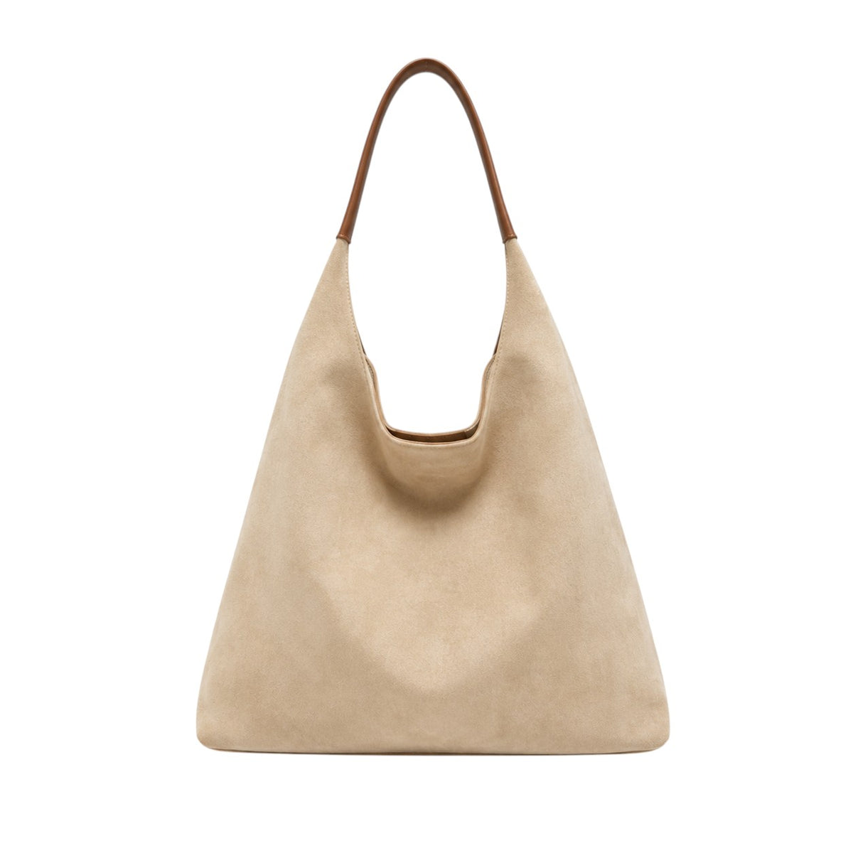 Sac bandoulière beige en faux suède de marque Univers Sac, forme seau, avec anses marron. Idéal pour un usage quotidien.