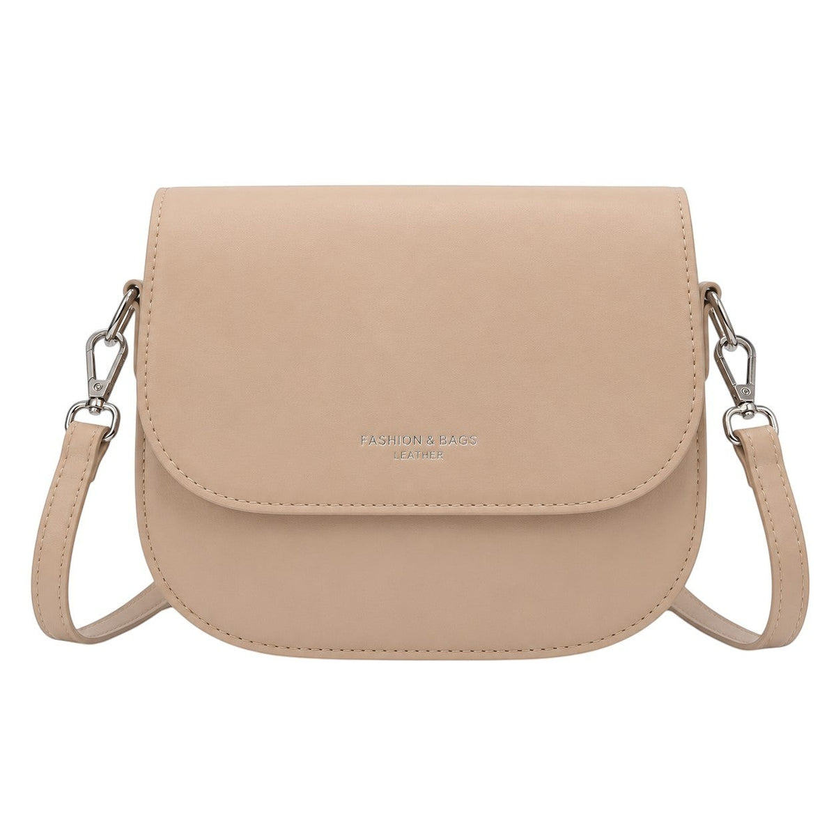 Sac bandoulière Univers Sac en cuir PU beige pour femme, forme carrée, avec logo argenté.