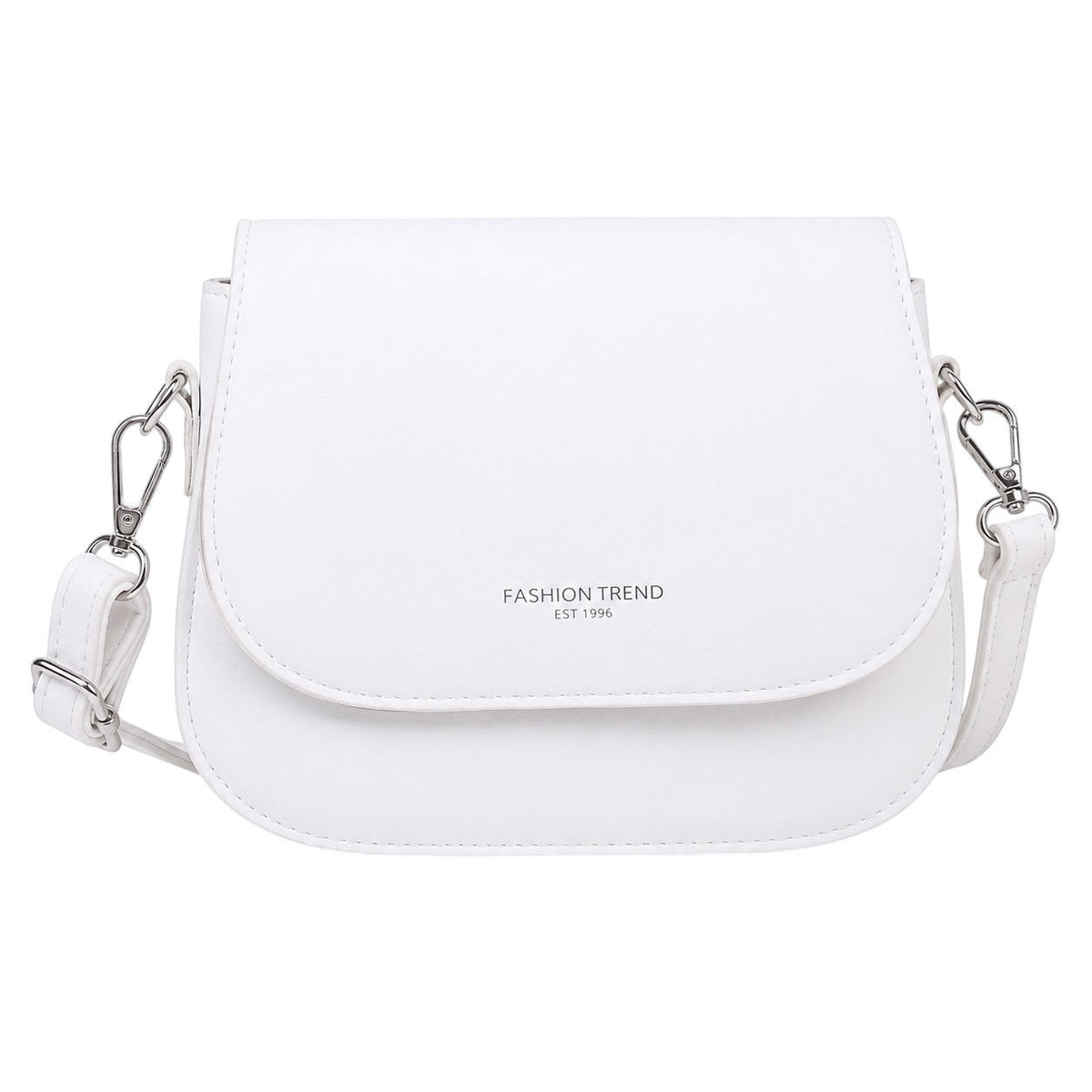 Sac à bandoulière blanc en cuir PU souple pour femme, avec inscription "Fashion Trend Est 1996".