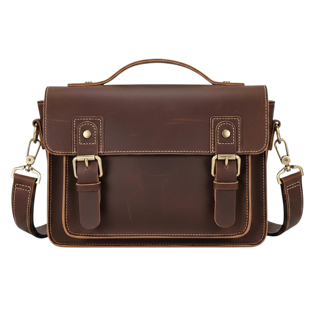 Sac bandoulière vintage Univers Sac en cuir marron Crazy Horse avec boucles et poignée supérieure