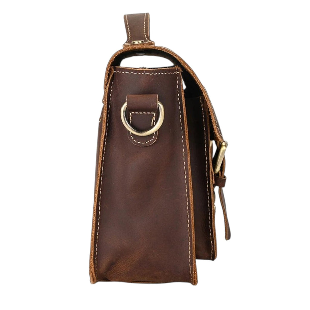 Sac bandoulière Univers Sac en cuir véritable marron style vintage avec coutures apparentes et anneau latéral
