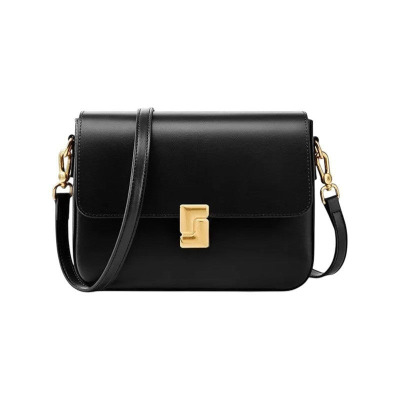 Sac bandoulière noir en cuir véritable pour femme, avec fermoir doré et bandoulière réglable. Marque Univers Sac.