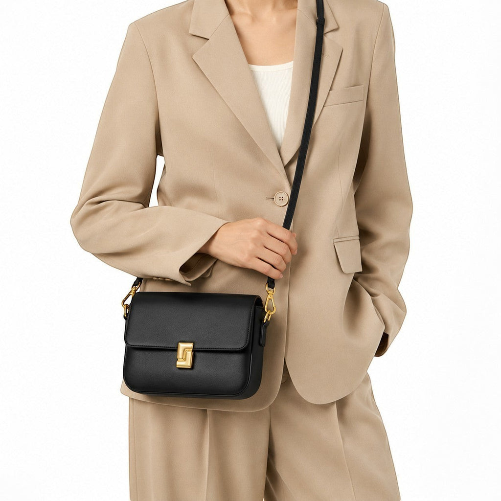 Sac bandoulière noir en cuir véritable pour femme, avec fermoir doré, par Univers Sac