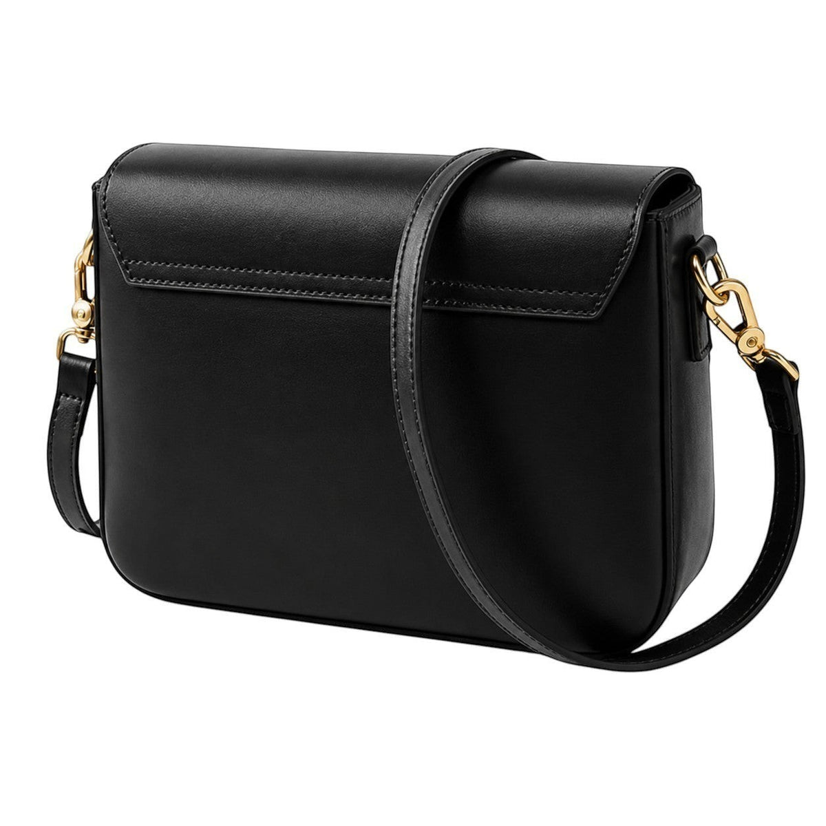 Sac bandoulière noir en cuir véritable pour femme, avec fermeture à rabat et bijouterie dorée, par Univers Sac