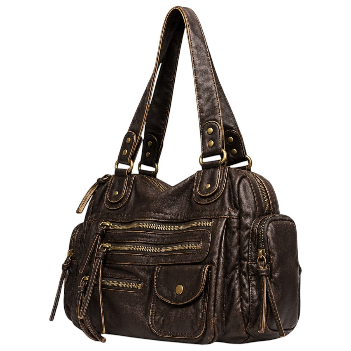 Sac bandoulière marron foncé en cuir PU pour femme, avec multiples poches zippées et une poche à rabat, style décontracté.