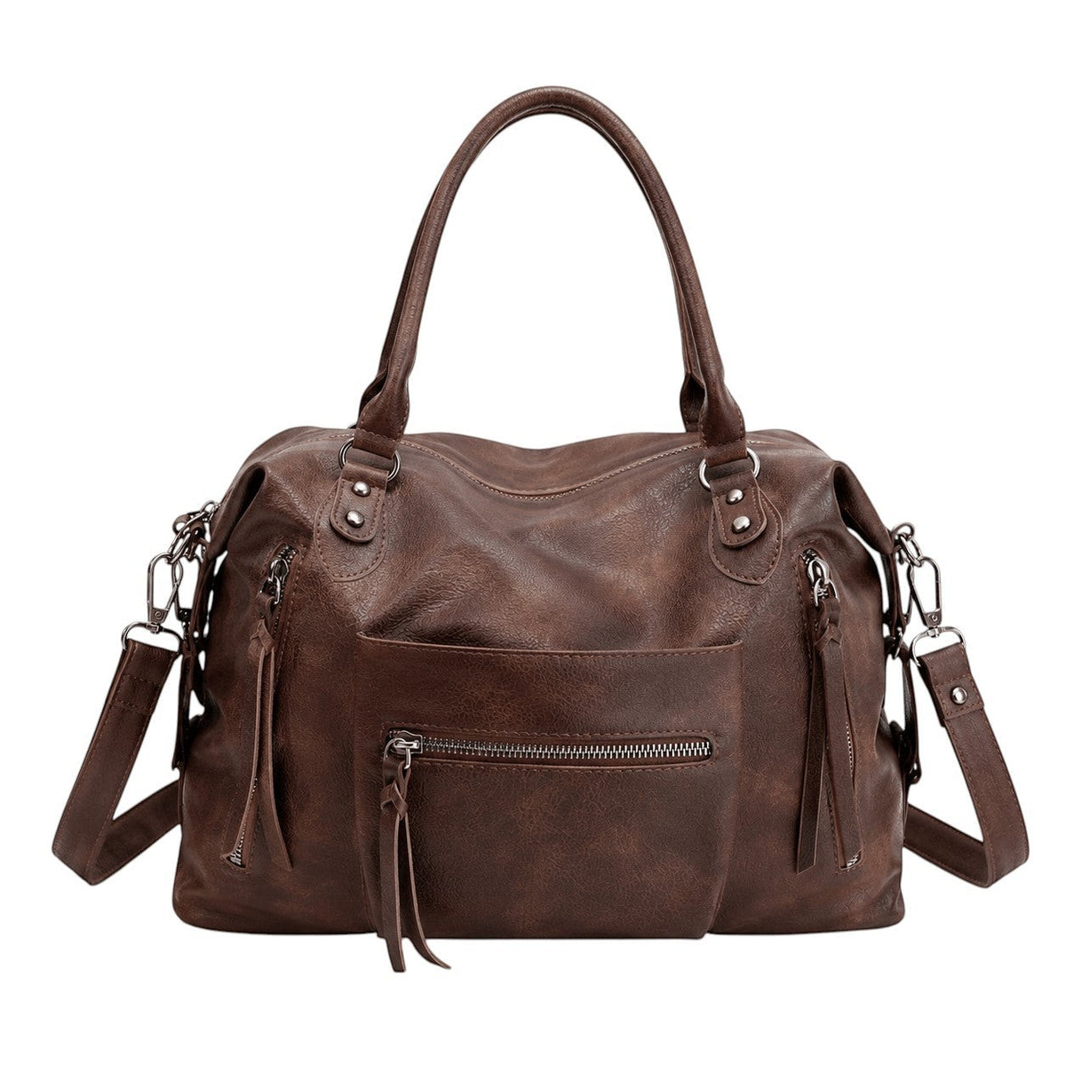 Sac bandoulière marron en cuir PU style vintage, grande capacité, avec poches zippées et bandoulière réglable. Par Univers Sac.