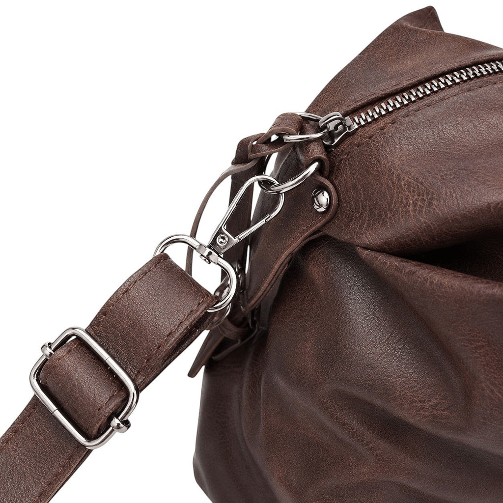 Sac bandoulière marron en cuir PU Univers Sac, forme baril, style vintage, grande capacité, avec poche téléphone et bandoulière réglable.