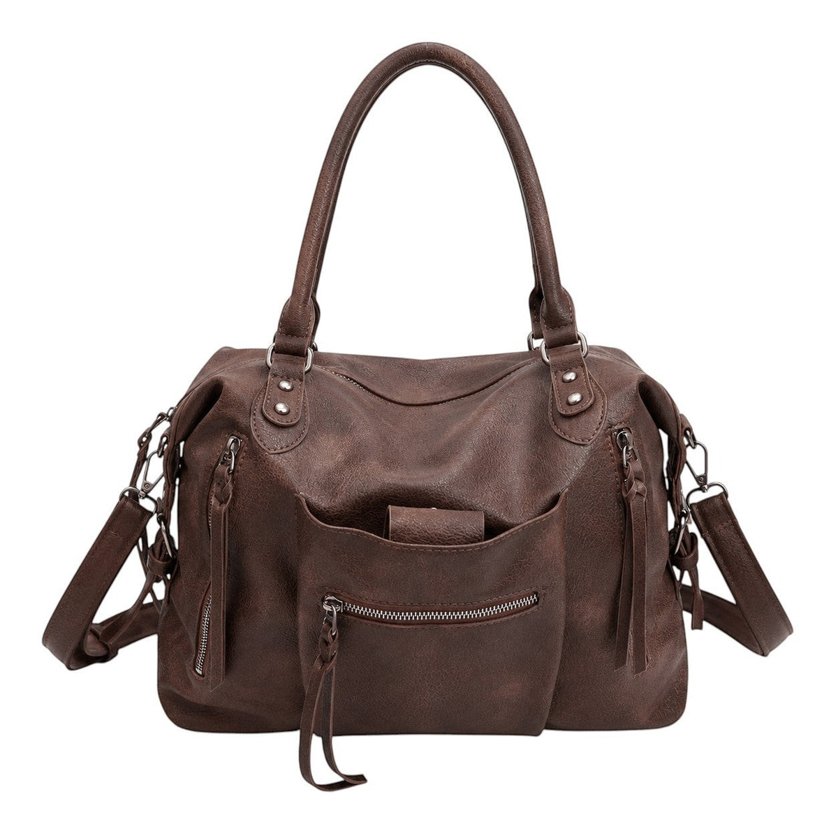 Sac bandoulière marron en cuir PU style vintage, grande capacité, avec poches zippées et bandoulière réglable.