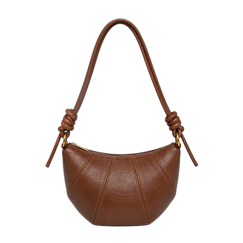Sac bandoulière rétro marron en cuir PU pour femme, forme croissant, fermeture éclair, anse nouée.