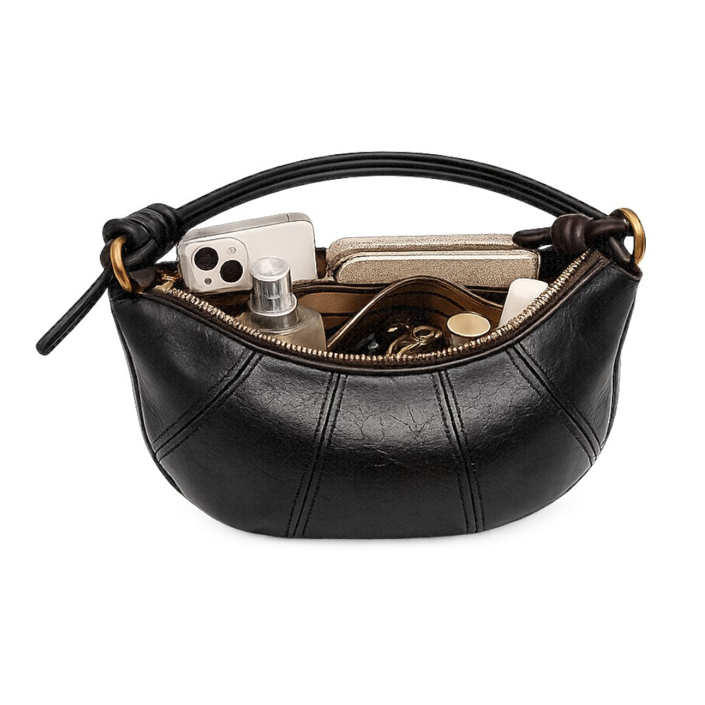Sac bandoulière noir en cuir PU pour femme, forme baguette, fermeture éclair, idéal pour un usage polyvalent.