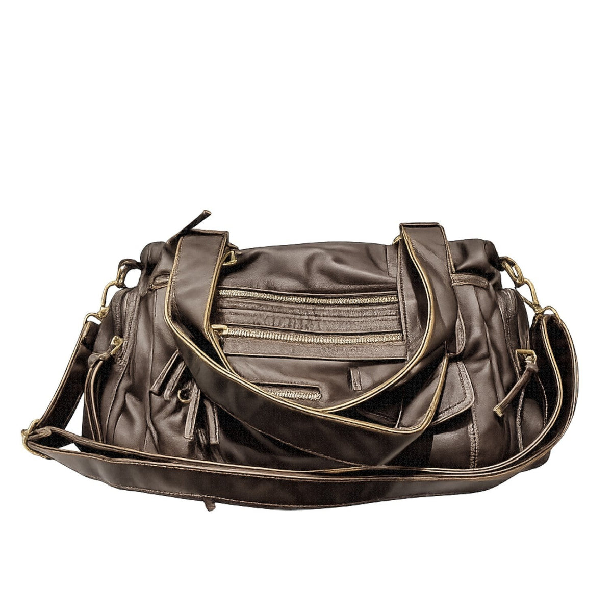 Sac bandoulière marron en cuir PU souple, avec multiples poches zippées et bandoulière réglable, idéal pour un usage polyvalent.