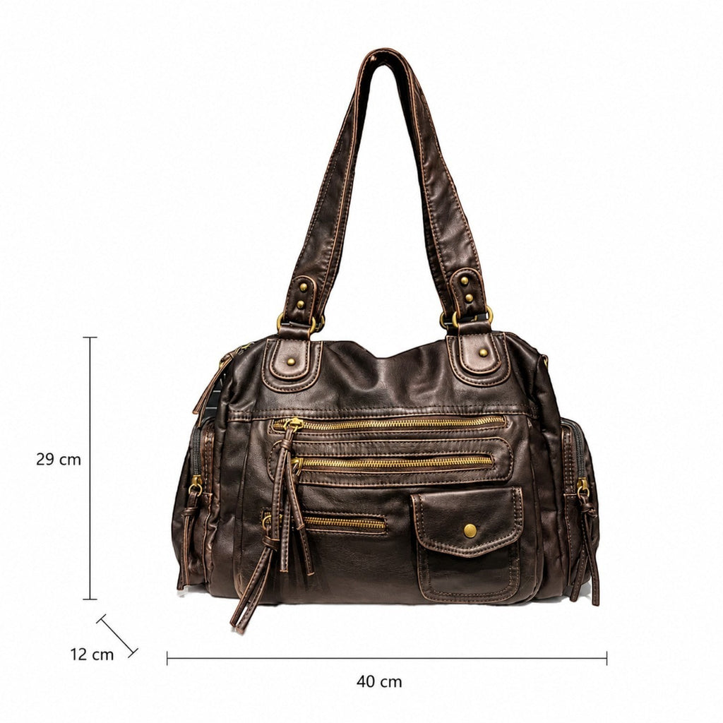 Sac bandoulière marron foncé en cuir PU pour femme, avec multiples poches zippées et une poche à rabat, idéal pour un usage polyvalent.