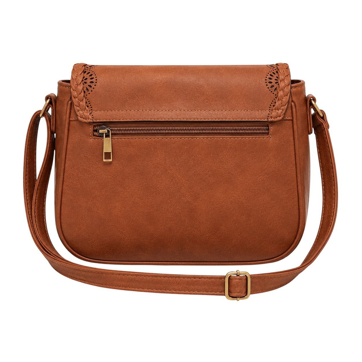 Sac bandoulière marron en PU pour femme Univers Sac avec détails tressés et ajourés, fermeture éclair, poche extérieure et intérieure.