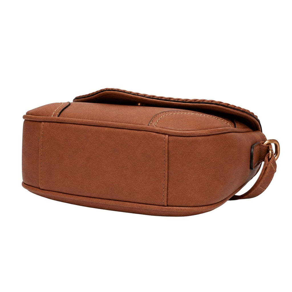 Sac bandoulière marron en PU pour femme Univers Sac, style vintage avec détail tressé sur le rabat.