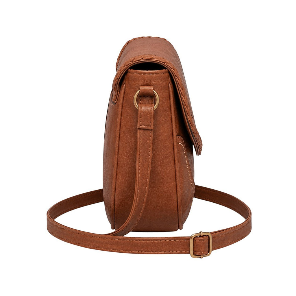 Sac bandoulière marron en PU pour femme, style vintage, avec détails tressés et poche extérieure.