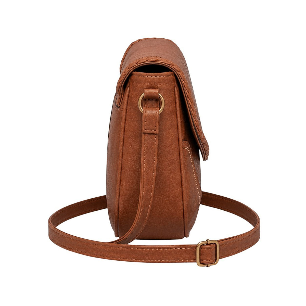 Sac bandoulière marron en PU pour femme, style vintage, avec détails tressés et poche extérieure.