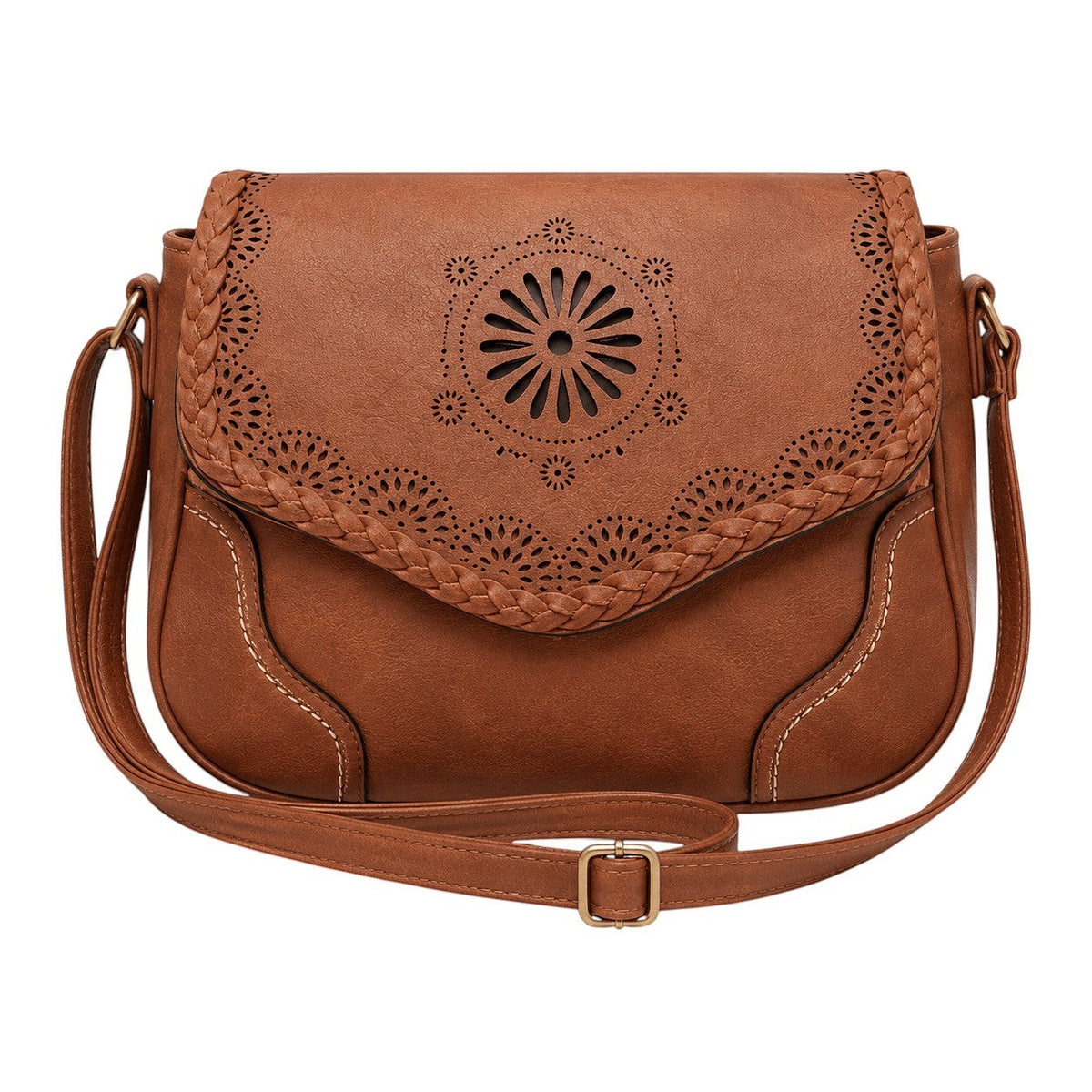 Sac bandoulière marron en PU pour femme, style vintage, avec découpes florales et tressage, par Univers Sac