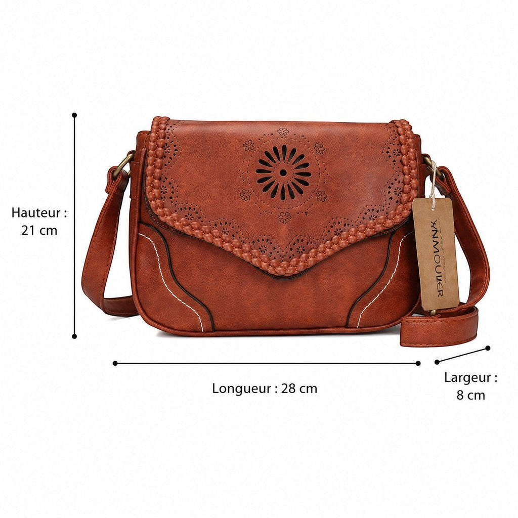 Sac bandoulière marron en PU pour femme, style vintage, avec découpes florales et fermeture éclair. Univers Sac.