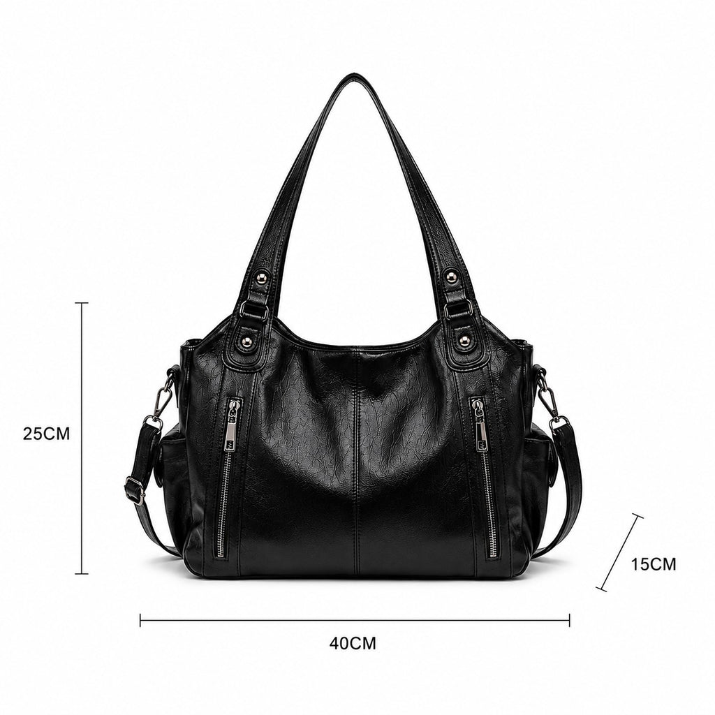 Sac bandoulière noir en cuir synthétique pour femme, style Y2K, avec fermeture éclair et poche extérieure.