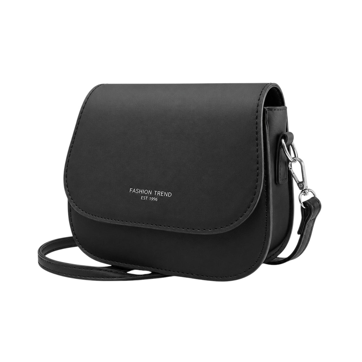 Sac bandoulière noir en cuir PU souple Univers Sac, forme carrée avec rabat et logo discret 'Fashion Trend Est 1996'.