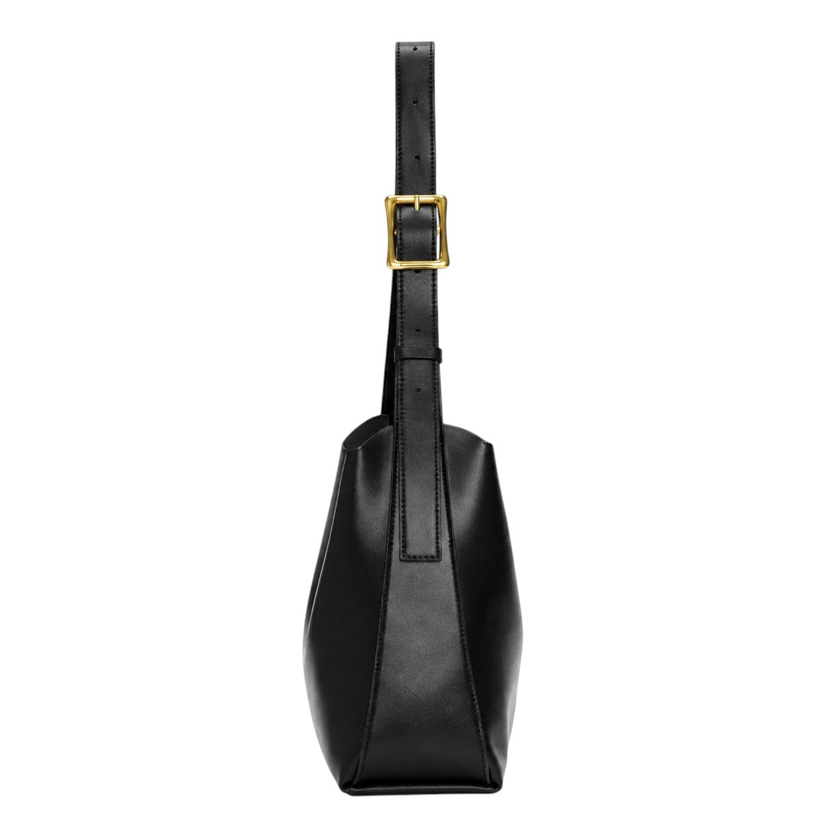 Sac bandoulière noir en cuir PU rigide, avec boucle dorée réglable sur la sangle. Univers Sac.
