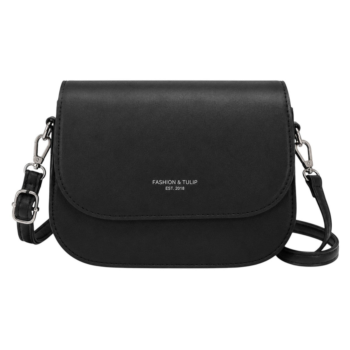 Sac bandoulière noir en cuir PU souple Univers Sac, forme carrée avec rabat et logo discret.