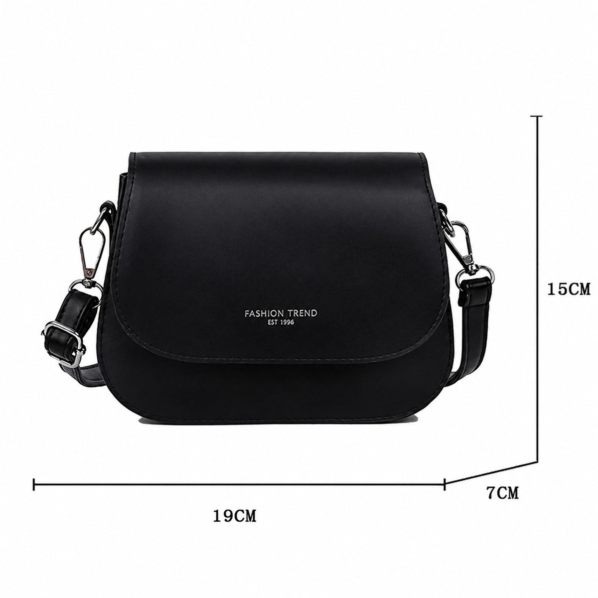 Sac bandoulière noir en cuir PU souple Univers Sac, forme carrée avec rabat, idéal pour femme.