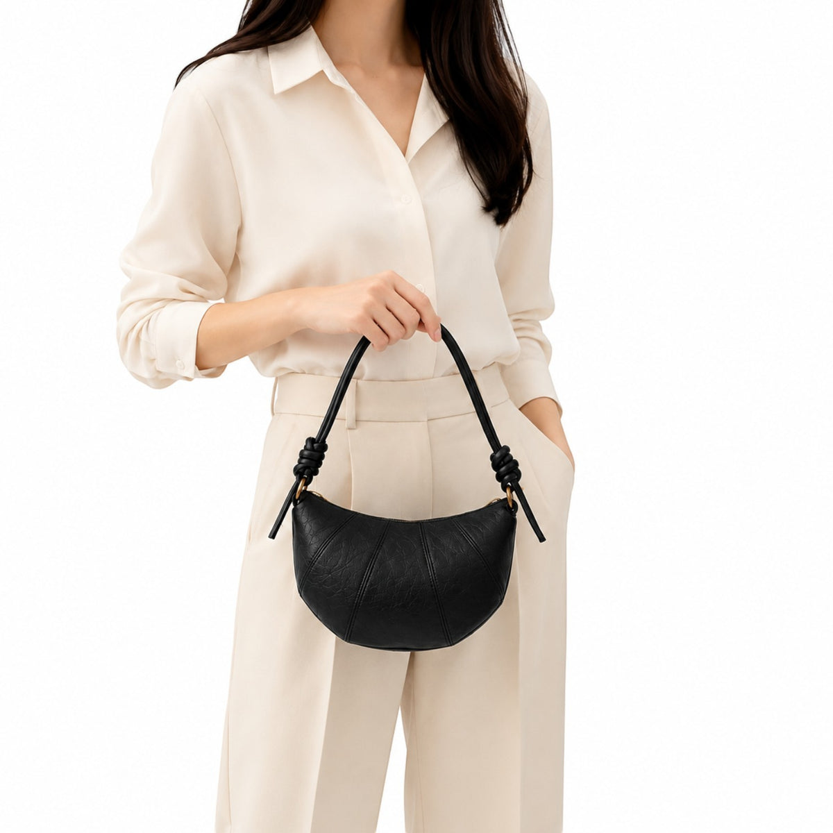 Sac bandoulière noir en cuir PU pour femme, forme croissant, fermeture éclair, par Univers Sac
