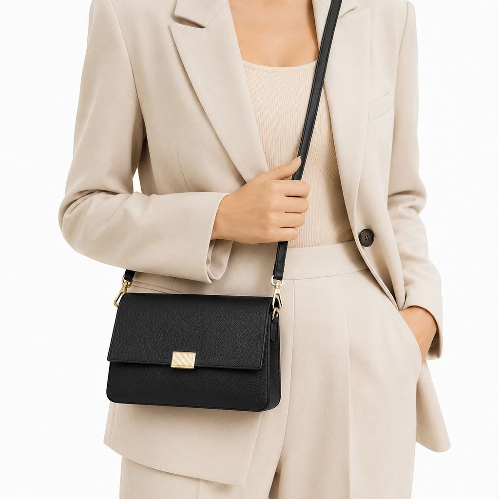 Sac bandoulière noir en cuir PU pour femme, grande capacité, avec fermoir doré, par Univers Sac