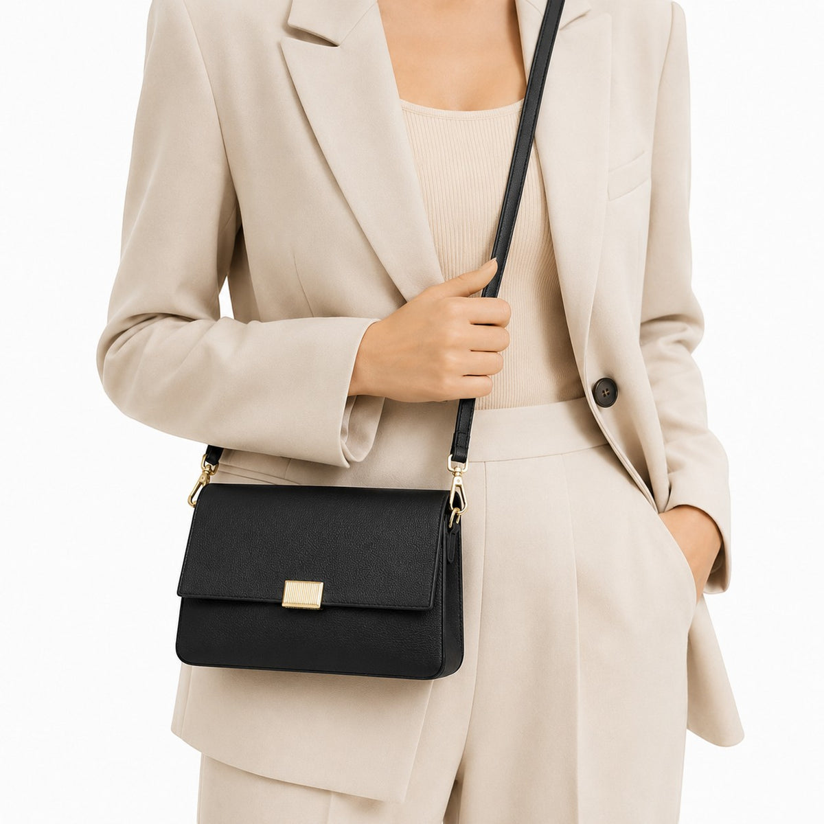 Sac bandoulière noir en cuir PU pour femme, grande capacité, avec fermoir doré, par Univers Sac